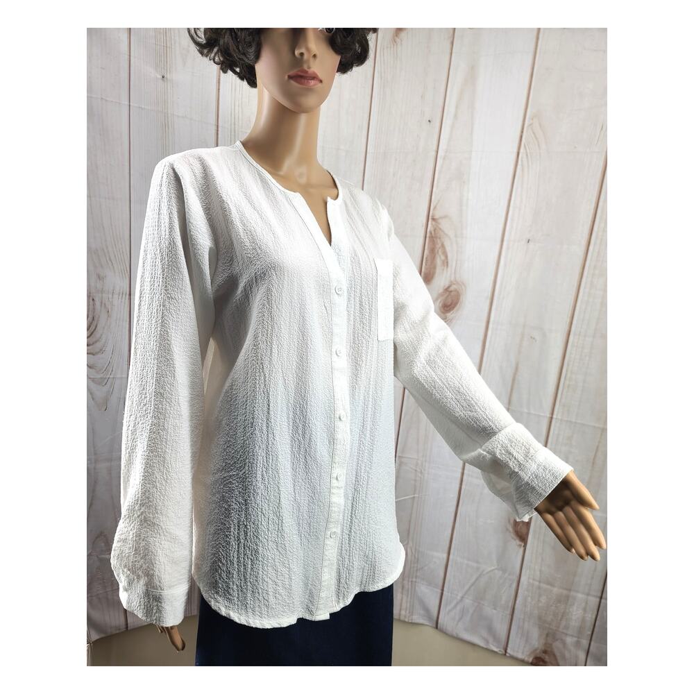 EKOUAER Women L White Button-Up Tunic Lounge Top L. Sleeves Textured Fabric